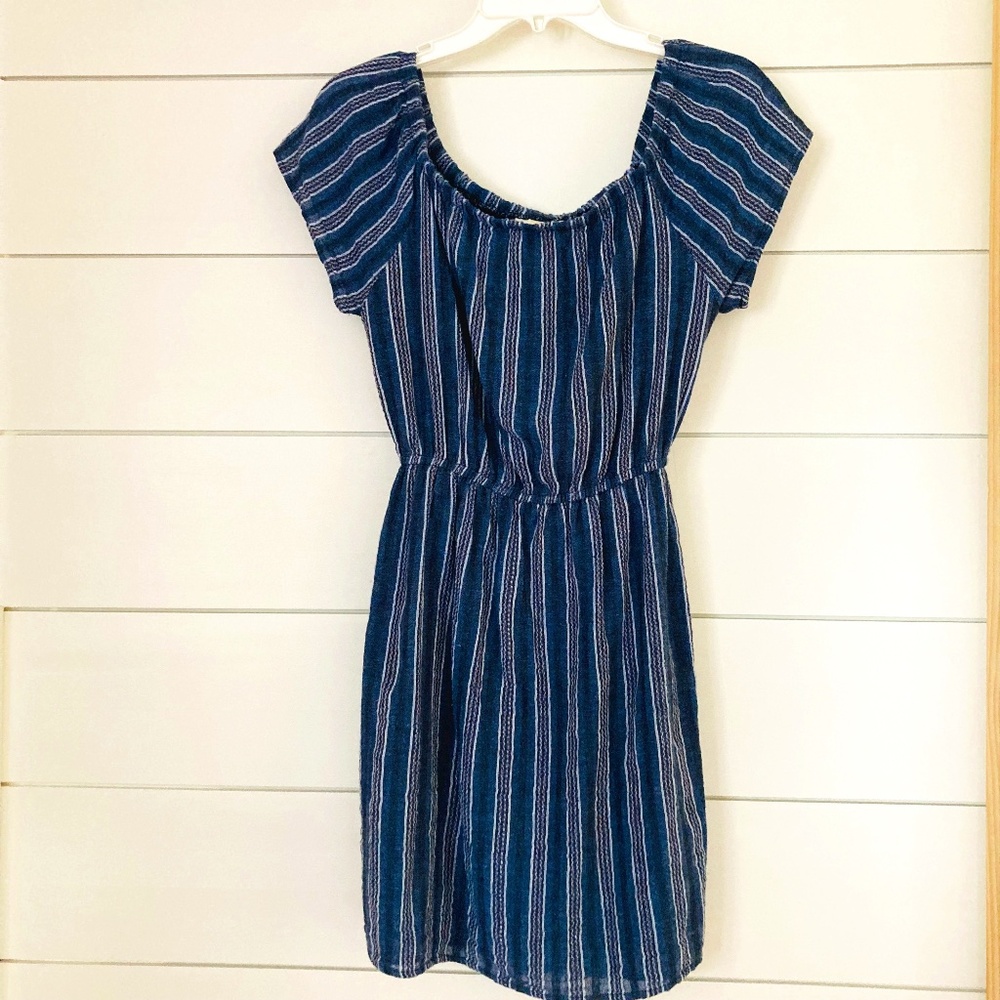 Small, Universal Thread, Blue Striped, Cotton-Linen, Scoop Neck, 3 Season Dress